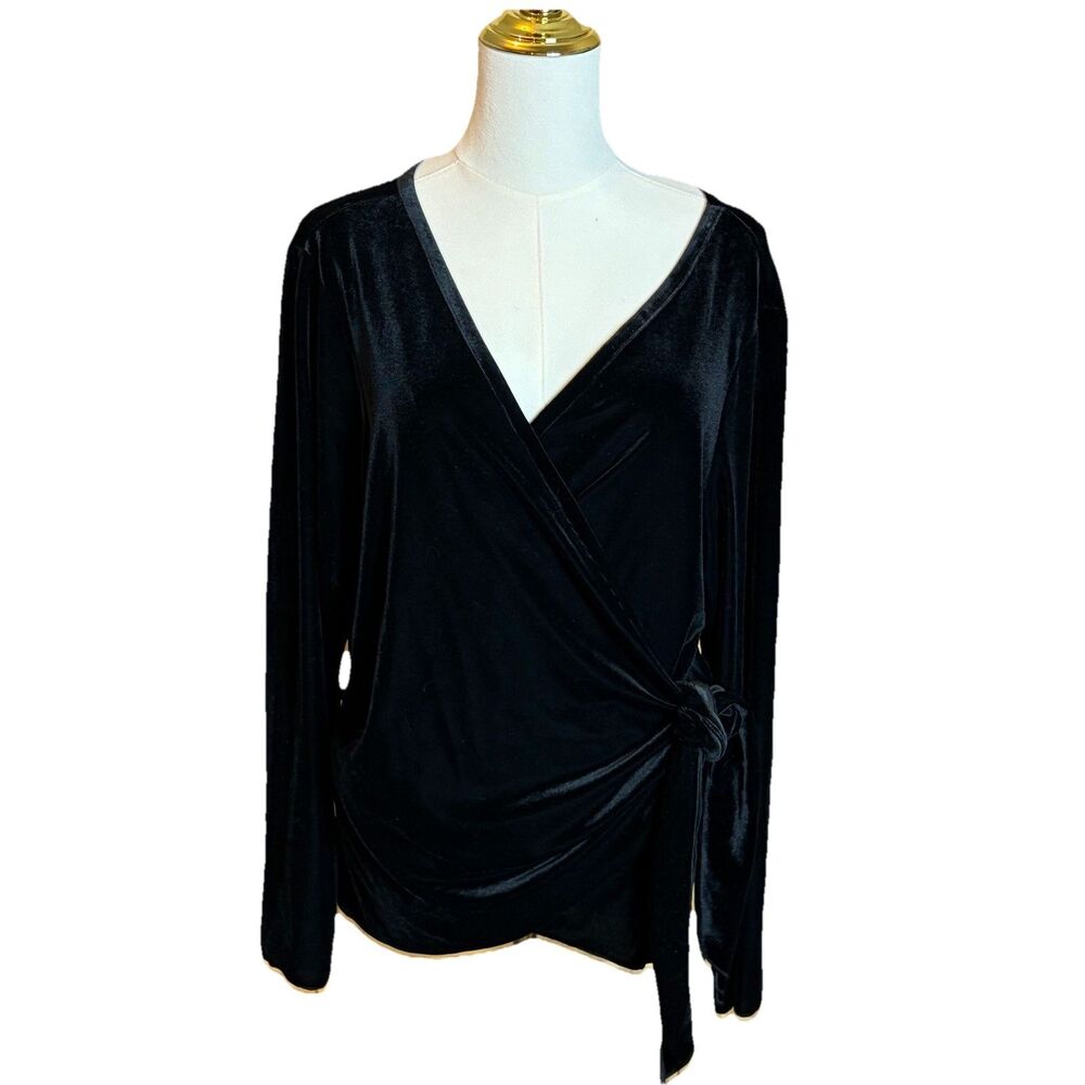 JJill Women’s 2X Black Velvet Wrap Blouse V-Neck Long Sleeve Tie Side Goth